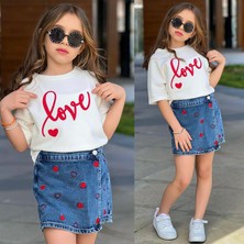 Bambam Kız Çocuk 2’li Takım – Love Baskılı Tişört & Kalp Desenli Kot Şort Etek Şık Yaz Kombini 2675M