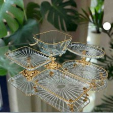 ZS Style Vintage 5 Parça  Gümüş-Gold Kristal Sunum Seti-Kase, Ayaklı Tabak ve Kulplu Tepsi Gold