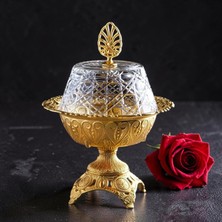 Dülger Avm Lüks Metal Ayaklı Cam Kapaklı Lokumluk - Gold Desenli Dekoratif Şekerlik - Söz Nişan Çikolata Sunumluğu ve Ikramlık