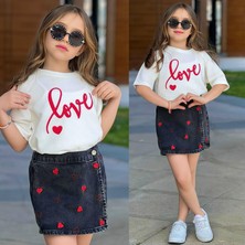 Bambam Kız Çocuk 2’li Takım – Love Baskılı Tişört & Kalp Desenli Kot Şort  Etek Şık Yaz Kombini 2675S