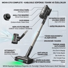 Mova Complete Şarjlı Süpürge Siyah | 210 Aw Yüksek Çekiş Gücü, Hepa Filtreli Antialerjik Yapı, 90 Dk Şarj Ömrü, Lazer Işıklı Başlık ve Akıllı Zemin Algılama Özellikli Kablosuz Dik Süpürge