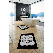PremiumPort Yıkanabilir Ayak Izi Desenli Modern Ikili Banyo Halısı ve Klozet Takımı