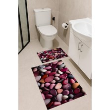 PremiumPort Mor Taş Desenli Banyo Paspas Takımı 2'li, Dijital Baskı ve Makinede Yıkanabilir
