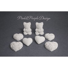 Pink&purple Desing Hobi Amaçlı Boyanabilir Dekoratif Ayıcık ve Kalp Figürlü 8'li Biblo Seti (Saksı Süsü , Magnet,dıy)