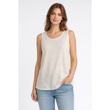 Dukoft Kadın Ekru Bisiklet Yaka Dökümlü %97 Tencel Liyosel Premium Kolsuz Tişört / Atlet