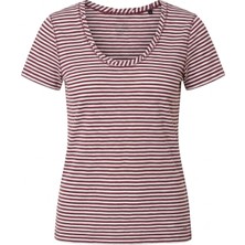 Dukoft Kadın Kiremit Beyaz Çizgili U Yaka %100 Pamuklu Slim Fit Tişört