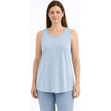 Dukoft Kadın Açık Mavi Bisiklet Yaka Dökümlü %97 Tencel Liyosel Premium Kolsuz Tişört / Atlet