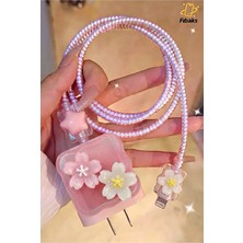 Fibaks iPhone 18W/20W/25W Şarj Aleti Koruyucu Adaptör Kılıfı Kablo Sarıcı Set Lüks Pembe Papatya Tasarım
