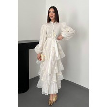 Nils Butik Çiçek Işlemeli Kat Kat Tül Midi Elbise