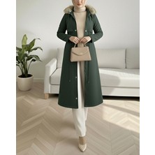 Moda Morfo İçi Peluşlu Sabit kapşonlu Tünel Bağcıklı Uzun Mont -Haki