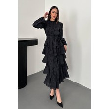 Nils Butik Çiçek Işlemeli Kat Kat Tül Midi Elbise