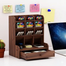 Çapraz 9 Bölmeli Çekmeceli Masaüstü Kalemlik Organizer Ceviz Renk Montajı Yapılmış