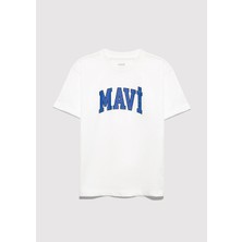 Mavi Logo Baskılı Tişört Kırık Beyaz