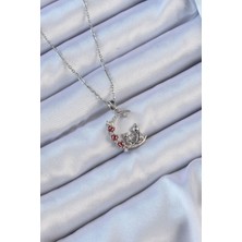 316L Çelik Zincir Gümüş Renk Kırmızı Gül Detay Kedi Figür Zirkon Taşlı Ay Ke