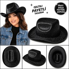 Aylina Mey Ithalat® Parlak Siyah Kovboy Şapka Kadın Erkek Parti Disco Festival Şapkası