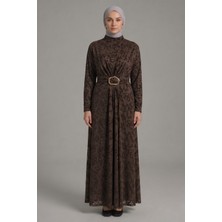 Norshen Kahverengi Kadın Dantel & Toka Detaylı Elbise - Astarlı