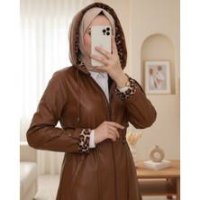 Moda Morfo Kolu Katlamalı Beli Bağcıklı Kapşonlu Deri Kap -Taba