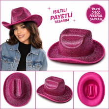 Aylina Mey Ithalat® Parlak Pembe Kovboy Şapka Kadın Erkek Parti Disco Festival Şapkası