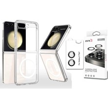 Vendas Samsung Galaxy Z Flip 7 Kılıf Magsafe Şarj Özellikli Şeffaf Sert Pc Zore Embos Kapak + Safir Kamera Lens Koruyucu