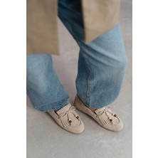 Giamgia Store Püsküllü Boncuk Detaylı Krem Süet Makosen Loafer Ayakkabı