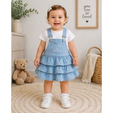Baby Buu 👉 Kız Bebek Kot Jile Elbise Takım 2’li – Askılı Fırfırlı Denim Elbise + Tişört