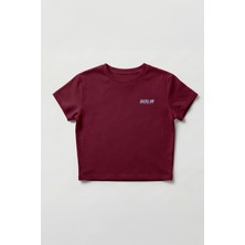 Backlain Mod Style Kadın Floral Baskılı Crop Tişört Lacivert Slim Kalıp Pamuklu