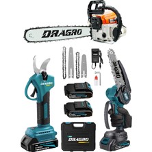 Dragro 3'lü Set 9.9 Hp Benzinli Odun Ağaç Kesme Motoru 21V Akülü Dal Budama Makası ve Testere