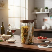 Skygo Akasya Kapaklı Çizgili Cam Kavanoz (750 Ml) | Hava Geçirmez, Modern Fitilli Tasarım Gıda Saklama Kabı | Bakliyat, Kahve, Çay ve Kuruyemiş Kavanozu (9X15 Cm)