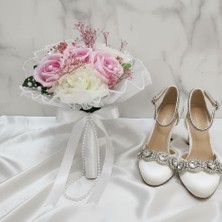 Terapix Pembe Beyaz Gelin Buketi Incili Tüllü – Yapay Gül Şakayık Nikah Düğün Çiçeği El Buketi