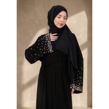Marles Siyah Inci ve Taş Işlemeli Kuşaklı Abaya - Ferace