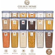 Celsen Home 18’li Antrasit Erzak & Bakliyat Saklama Kabı Seti | 3 Farklı Boy | Etiket Hediyeli (1,75–1,2–0,55 L)