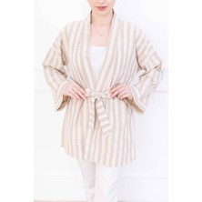 Cottowoo Kadın Keten Kimono Çizgili Kuşaklı