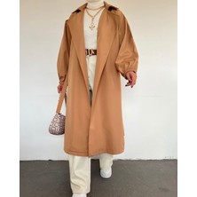 Moda Morfo Beli Bağcıklı Kolu Lastikli Tesettür Trenckot -Vizon