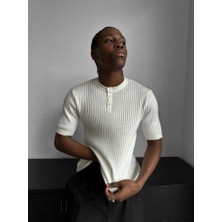 Elku Moda Erkek Düğmeli Bisiklet Yaka T-Shirt - Slim Fit Fitilli Ribana Örme Henley Yaka Tişört Old Money