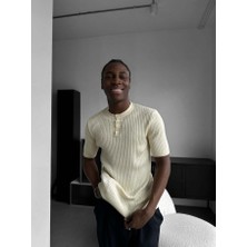 Elku Moda Erkek Düğmeli Bisiklet Yaka T-Shirt - Slim Fit Fitilli Ribana Örme Henley Yaka Tişört Old Money