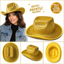 Samur Parlak Altın Gold Kovboy Şapka Kadın Erkek Parti Disco Festival Şapkası
