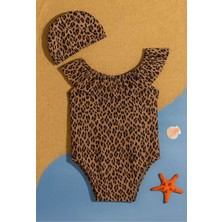 Mai Perla Kız Çocuk Mayo Leopar Desenli Çapraz Fırfırlı Mayo Bone Hediyeli 1-5 Yaş