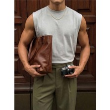 Elku Moda Erkek Oversize Sıfır Kol T-Shirt Geniş Omuz Kesim Salaş Basic Atlet Pamuklu Rahat Kalıp Tişört
