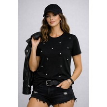 Kadın Siyah Kalp Taşlı Basic Tişört Bisiklet Yaka Günlük Şık Tshirt