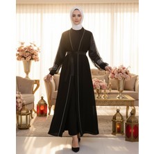 Moda Morfo Kolları İnci Taş Detaylı Tesettür Abaya -Siyah