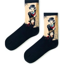 Siyah Charlie Chaplin Desenli Çorap