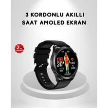 TKÇ Amoled Ekranlı Akıllı Saat – 3 Kordon Seçenekli, Suya Dayanıklı, Kalp Atış ve Uyku Takip �