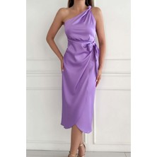 Zishan Fashion Tek Omuzdan Askılı Parlak Saten Kumaş Kuşak Detaylı Midi Kadın Abiye Gece Şık Kadın Elbise STP-003