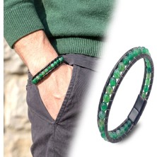 Fm 💎 Premium 6Mm Yeşil Akik Taşlı Deri Kordon Ve Çelik Bileklik 31832B2D6M6 - 21 cm