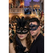 Zurafa Shop Çiftler İçin İkili Siyah Balo Maskesi Seti - Dantel Tasarım Göz Maskesi ve Venedik Maskesi Kombin