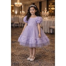 Bebeksy Kız Çocuk Kabarık Tül Etekli Fırfırlı Abiye Elbise - Balon Kollu Prenses Model - Özel Günler