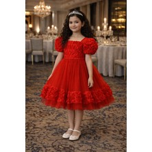 Bebeksy Kız Çocuk Kabarık Tül Etekli Fırfırlı Abiye Elbise - Balon Kollu Prenses Model - Özel Günler
