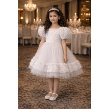 Bebeksy Kız Çocuk Kabarık Tül Etekli Fırfırlı Abiye Elbise - Balon Kollu Prenses Model - Özel Günler