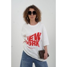Zelish My Sister Beyaz New York Baskılı Oversize Tshirt