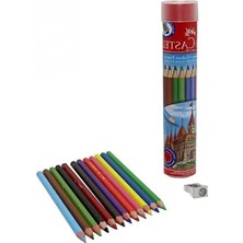 Hakay Kırmızı Metal Tüp Kutu Kuru Boya Kalemi Seti, 12 Renk ve Kalemtıraş Hediyeli